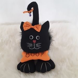 Black Kitty Cat w Boo Bone Shelf Sitter Doll Halloween  new